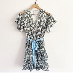Foxiedox NWT Lexie Blue Floral Cold Shoulder Faux Wrap Tie Waist Mini Dress